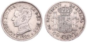 Spain, Kingdom, Alfonso XIII, 50 Centimos Silver 1904, Head left, KM 723, VF