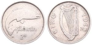 Ireland, Republic, 1 Florin Silver 1942, Salmon right, KM 15, SCARCE KEY DATE, VF