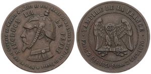 France, Second Empire, Napoleon III, Medal in Copper 1870 Sedan, Satirical Medal - Napoleon III le Petit, Head with Prussian spiked helmet left / Vampire de la France - Owl on thunderbolt, XF