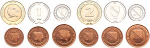 Bosnia-Herzegovina, Republic, 5, 10, 20, 50 Feninga & 1, 2 Konvertible Marka 1998-2005, Various designs, KM 115/120, UNC