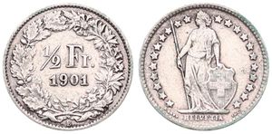 Switzerland, Confederation, 1/2 Franc Silver 1901, Standing Helvetia, KM 23, RARE KEY DATE, VF