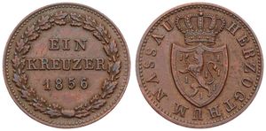 German States, Nassau, United Duchies, 1 Kreuzer Copper 1856, Crowned arms, KM 53 A.XF
