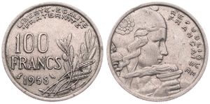 France, Republic, 100 Francs Copper-Nickel 1958, Liberty bust with torch right, KM 919.1, SCARCE VARIETY WITH OWL, VF