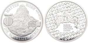 Switzerland, Confederation, Medal in Silver ND, Swiss Mountains, The Matterhorn in Wallis / Two figures behind the Swiss country map, PROOF