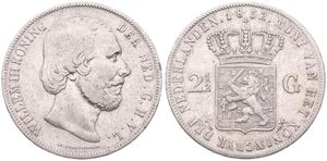 Netherlands, Kingdom, William III, 2-1/2 Gulden Silver 1852, Bearded head right, KM 82, VF