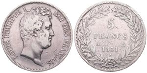 France, Second Kingdom, Louis Philippe I, 5 Francs Silver 1831A, Head right, KM 736.1 (Paris), Raised lettering !, SCARCE, VF