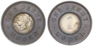 Great Britain, Kingdom, Victoria, 1 Penny Model Bi-Metallic ND (1844), Young head left at center, KM X9c, VF+
