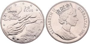 Gibraltar, British Colony, Elizabeth II, 2.8 Ecus Copper-Nickel 1994, Eurotunnel - Clasping hands, KM 484, B.UNC