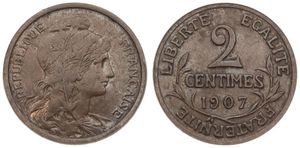 France, Republic, 2 Centimes Bronze 1907, Liberty head right, KM 841, RARE KEY DATE, VF