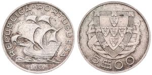 Portugal, Republic, 5 Escudos Silver 1934, Early sailing ship, KM 581, XF