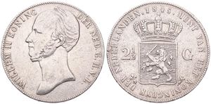 Netherlands, Kingdom, William II, 2-1/2 Gulden Silver 1845, Bearded head left, KM 69, VF