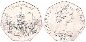 Isle of Man, British Dependency, Elizabeth II, 50 Pence Copper-Nickel 1982, Christmas - Carolers around tree, KM 102, UNC