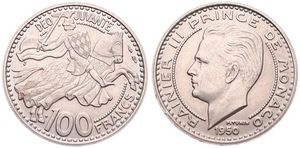 Monaco, Principality, Rainier III, 100 Francs Copper-Nickel 1950, Armored equestrian, KM 133, A.UNC