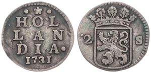 Netherlands, Holland Province, 2 Stuivers Silver 1731, Crowned arms of Holland, KM 48, VF