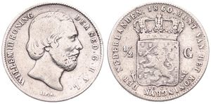 Netherlands, Kingdom, William III, 1/2 Gulden Silver 1860, Bearded head right, KM 92, VF