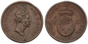 Denmark, Kingdom, Frederik VI, 2 Skilling Copper 1811, Head right - Crowned arms, KM 670, VF