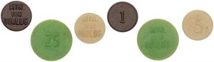 Netherlands, Kingdom, Juliana, Nice lot with 3 different plastic NATO tokens from the Ministry of War (ca 1950) for Dutch Soldiers abroad, 1, 5 & 25, UNC