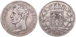 France, Second Kingdom, Charles X, 5 Francs Silver 1825A, Head left, KM 720.1 Paris, VF