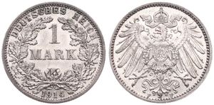 Germany, Empire, Wilhelm II, 1 Mark Silver 1914F, Crowned imperial eagle with shield on breast, KM 14, A.UNC