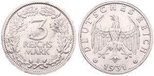 Germany, Weimar Republic, 3 Reichsmark Silver 1931J, Eagle with wings spread above date, KM 74, RARE, XF