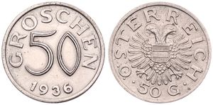 Austria, Republic, 50 Groschen Copper-Nickel 1936, Large denomination above date, KM 2854, KEY DATE, XF (reverse slightly cleaned)