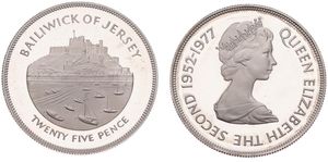 Jersey, British Dependency, Elizabeth II, 25 Pence Silver 1977, Mont Orgueil Castle & Sailboats in Gorey Harbour, KM 44a, PROOF 