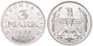 Germany, Weimar Republic, 3 Mark Aluminum 1922A, Large Eagle with wings spread, KM 28, UNC