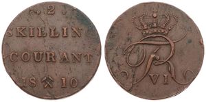 Norway, Kingdom, Frederik VI, 2 Skilling Courant Copper 1810, Crowned monogram, KM 280, VF 