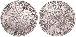 German States, Saxony, Christian II, 1 Thaler Silver 1600HB, Joined figures of Christian II, Johan Georg I and August within circle / Helmeted arms, KM 15, A.VF