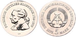 Germany, Democratic Republic, 5 Mark Copper-Nickel 1978, 175th Anniversary of the Death of Friedrich Klopstock, KM 67, UNC