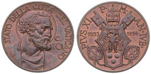 Vatican City, City State, 10 Centesimi Bronze 1933-34, Bust of St. Peter right, KM 12, UNC