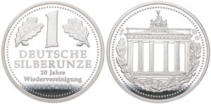 Germany, Federal Republic, Medal in Silver 2010, 1 Deutsche Silberunze / Brandenbuger Gate in Berlin - 20 Jahre Wiedervereinigung, PROOF
