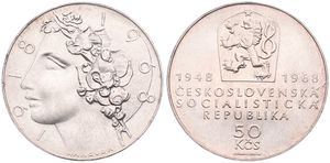 Czechoslovakia, Socialist Republic, 50 Korun Silver ND (1968), 50th Anniversary of the Czechoslovakia 20th Anniversary of Peoples Republic, KM 65, A.UNC