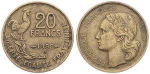 France, Republic, 20 Francs Aluminum-Bronze 1950B, Head left - Rooster (3 plumes), KM 917.2, SCARCE DATE, VF