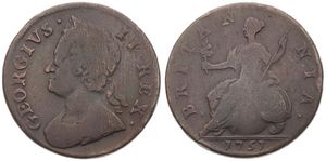 Great Britain, Kingdom, George II, 1/2 Penny Copper 1751, Laureate bust left, KM 579.2, Fine