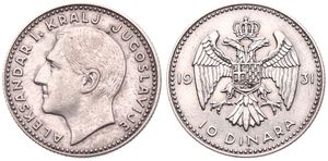 Yugoslavia, Kingdom, Alexander I, 10 Dinara Silver 1931, Head left, KM 10, XF