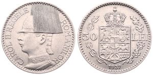 Romania, Kingdom, Carol II, 50 Lei Nickel 1937, Helmeted head left, KM 55, VF