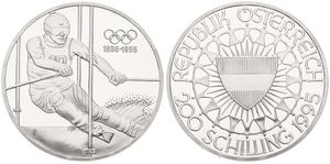Austria, Republic, 200 Schilling Silver 1995, Olympics - Skier in action, KM 3027, PROOF