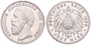 German States, Baden, Friedrich I, 5 Mark Silver 1899G, Bearded head left, KM 268, VF