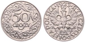Poland, Republic, 50 Groszy Nickel 1923, Crowned eagle with wings open, KM 13, UNC-