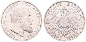 German States, Wurttemberg, Wilhelm II, 3 Mark Silver 1910F, Bearded head right, KM 635, VF
