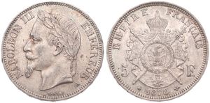 France, Second Empire, Napoleon III, 5 Francs Silver 1870A, Laureate head left, KM 799.1 (Paris), XF