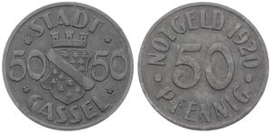 Germany, Emergency Coinage, Cassel, 50 Pfennig Zinc 1920, Coat of Arms flanked by City name and denomination / Legend surrounding denomination, A.UNC