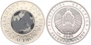 Belarus, Republic, 20 Roubles Silver 2005, World Cup Soccer, Multicolor maps on soccer ball within circle, KM 101, PROOF