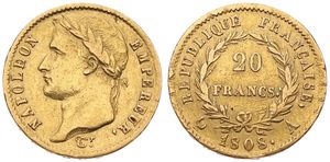 France, First Empire, Napoleon, 20 Francs Gold 1808A, Laureate head left, KM 687.1 Paris, VF (slightly cleaned) (*)