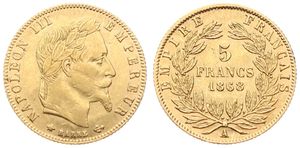 France, Second Empire, Napoleon III, 5 Francs Gold 1868A, Laureate head right / Value and date within wreath, KM 803.1 Paris, XF (*)