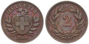 Switzerland, Confederation, 2 Rappen Bronze 1900, Cross in shield within sprigs, KM 4.2, VF