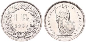 Switzerland, Confederation, 1 Franc Silver 1967, Standing Helvetia, KM 24, UNC