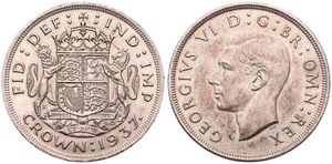 Great Britain, Kingdom, George VI, 1 Crown Silver 1937, Crowned shield with supporters, KM 857, A.UNC