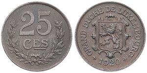 Luxembourg, Grand Duchy, Charlotte, 25 Centimes Iron 1920, National arms above date, KM 32, A.UNC